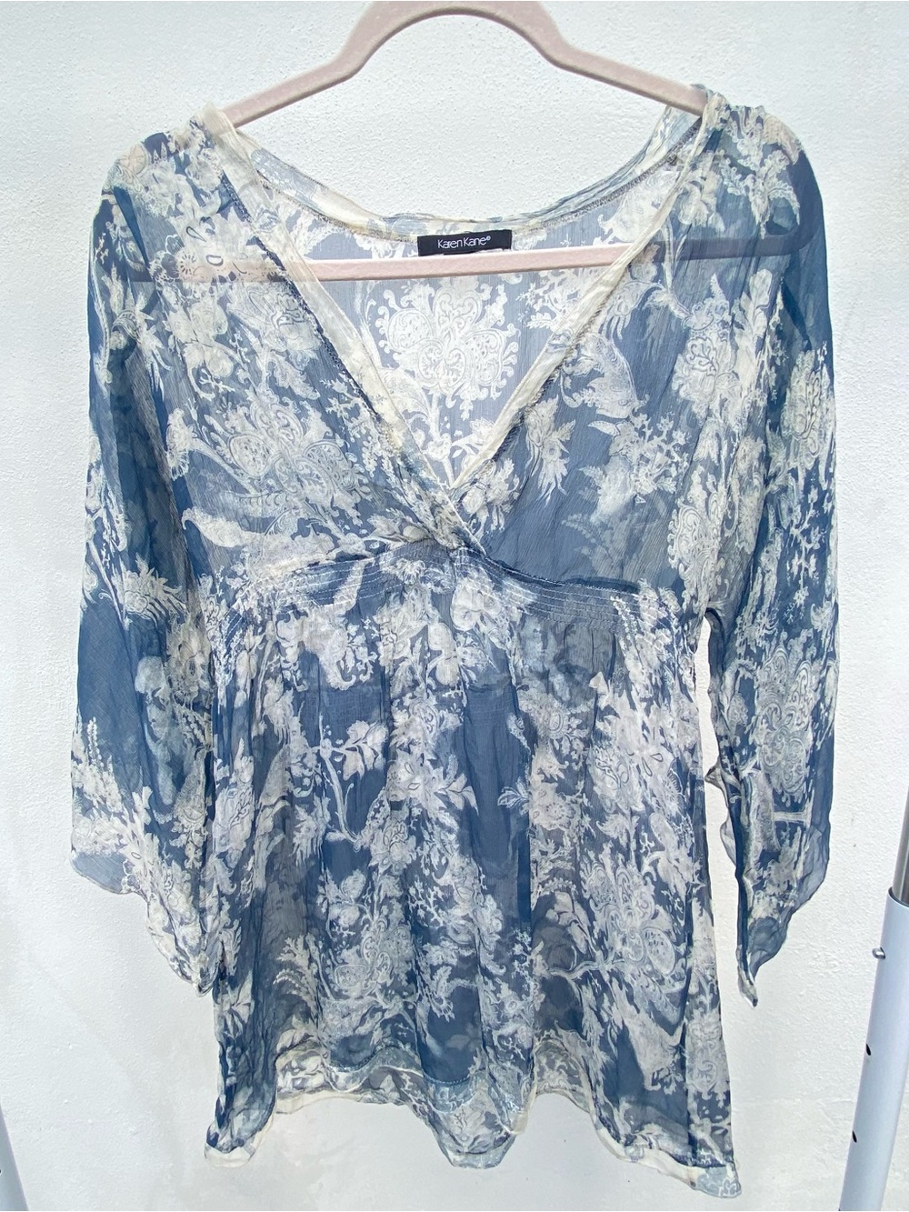 Y2K 100% Silk Blue & Cream Floral Fairy Blouse Size Large